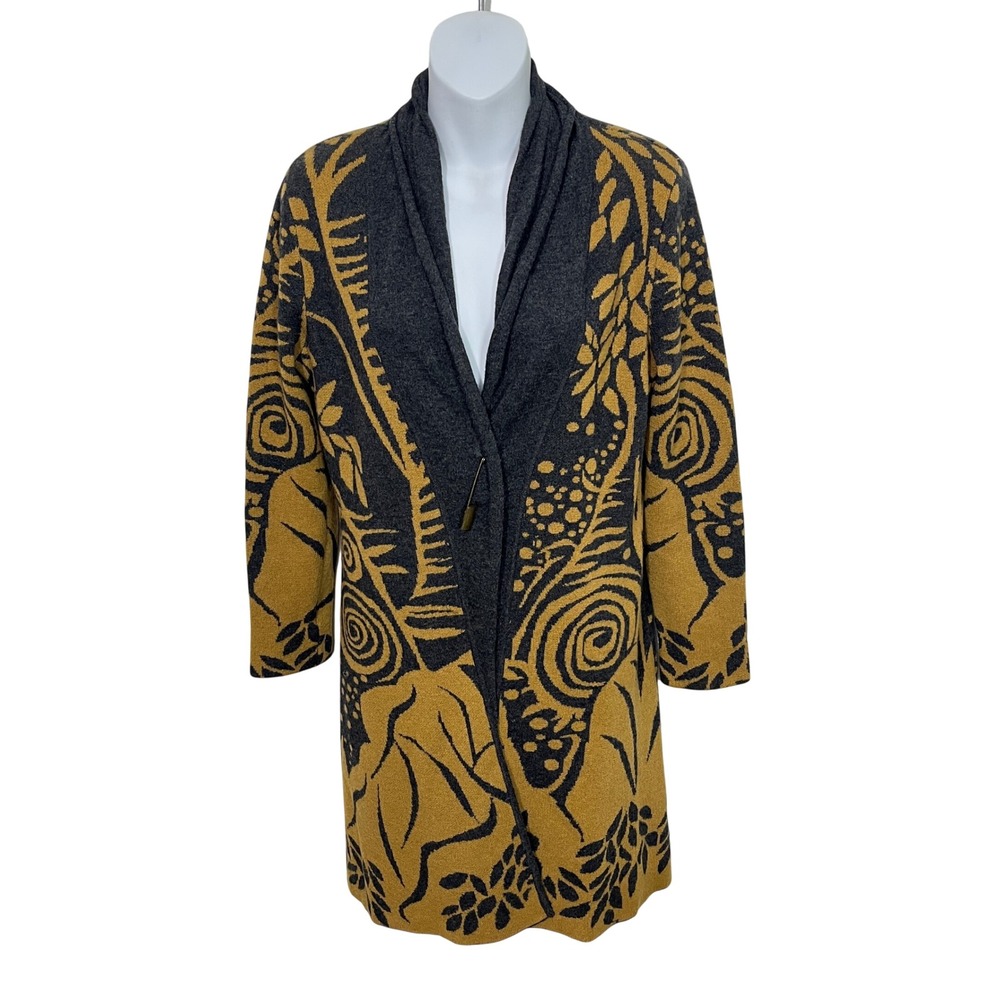 Icelandic Design Cardigan Women Small Yellow Charcoal Wool Blend Abstract Floral